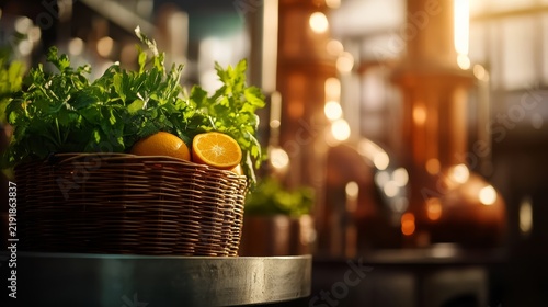 Fresh Ingredients for a Culinary Delight: A woven basket brimming with vibrant green herbs and two juicy orange halves sits ready for preparation in a warm, inviting kitchen setting.