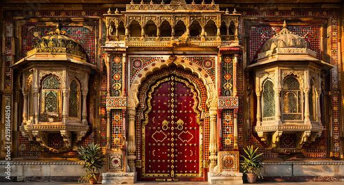 Deep Crimson Red Wooden Palace Door with Brass Studs and Beige Sandstone Frame, Ornate Rajasthani Jharokha Balconies and Saffron Mosaic Wall, Traditional Indian Fort Entrance