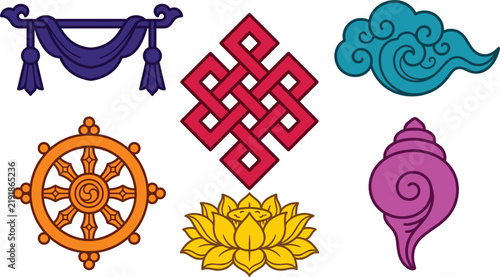 Foto PrintTraditional Tibetan Buddhist auspicious symbols vector set featuring endles