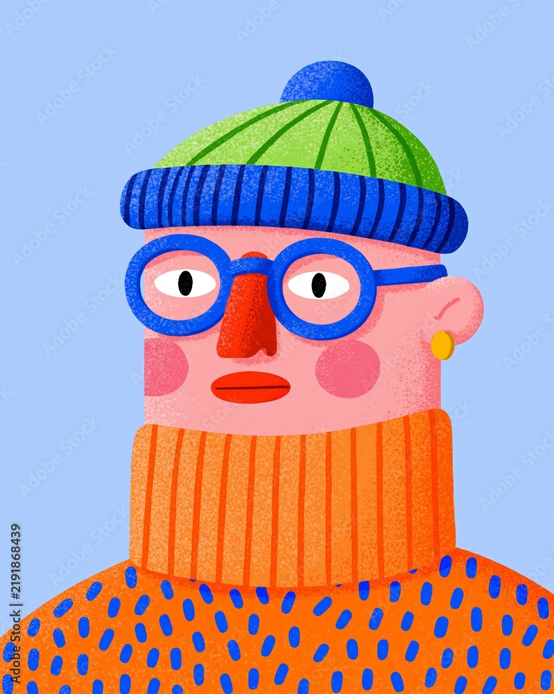 Fototapeta premium Vintage Illustration of a Stylish Man with Glasses and a Cozy Sweater, Wearing a Hat and Standing Against a Blue Background.