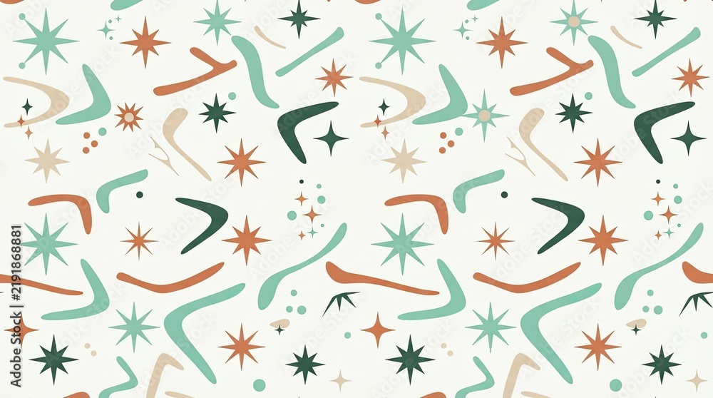 Fototapeta premium Mid Century Modern Seamless Pattern with Boomerangs and Starburst Shapes