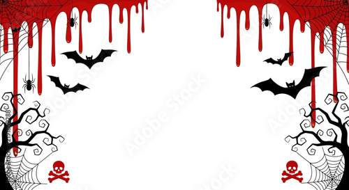 Creepy Halloween Border with Dripping Blood Bats Spiders and Spooky Trees