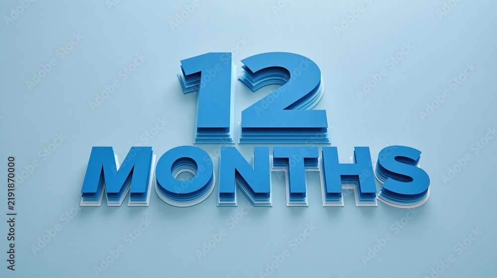 Fototapeta premium This design features the phrase 12 MONTHS in 3D typography with geometric shapes and layered paper, showcasing a simple advertising theme.