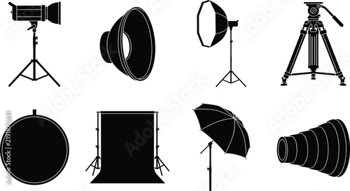 Set of black silhouette photography studio equipment icons featuring softbox tripod backdrop umbrella and lighting vector illustration