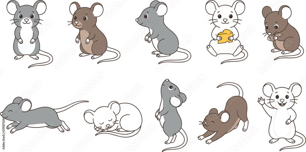 Obraz premium Cute Mouse Cartoon Character Set in Different Poses Eating Cheese Sleeping and Running Flat Vector Illustration Collection