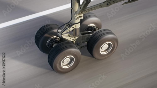 View on airplane wheel at landing, close up shot