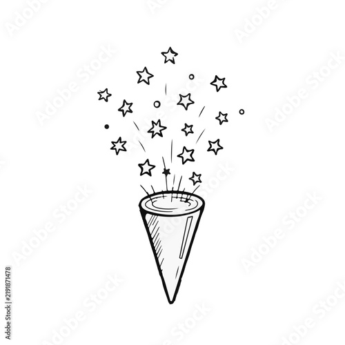 Festive party popper with exploding stars hand drawn sketch