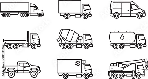 Commercial Vehicle and Heavy Transport Truck Icon Set Vector Illustration