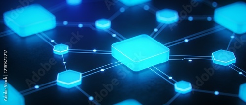 Glowing blue digital network nodes connected on a dark background