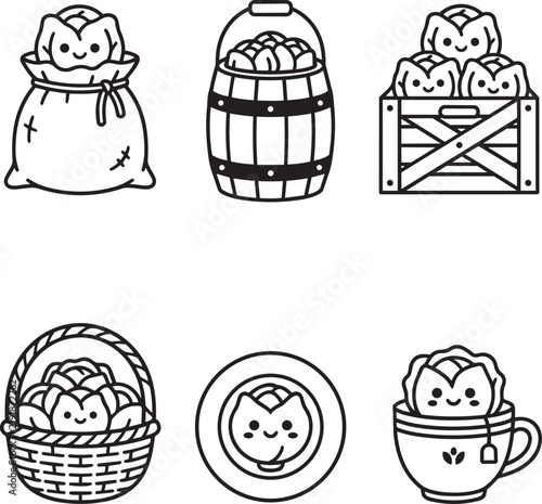 Cute Cabbage Character Harvest and Storage Icon Set Vector Illustration