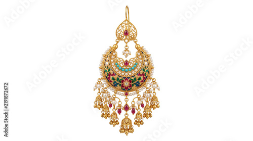Traditional Indian gold earring with intricate filigree, ornate bridal jhumka jewelry with ruby and emerald accents, luxury ethnic gold pendant isolated PNG with Transparent Background