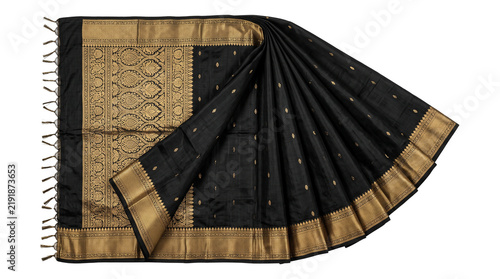 Traditional black silk saree with golden zari border, elegant Indian ethnic wear for weddings, luxurious Banarasi silk fabric with intricate embroidery isolated PNG with Transparent Background