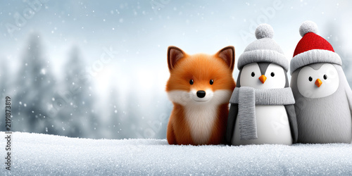 Adorable cartoon fox and two penguins in knitted hats and scarves standing on snow, celebrating winter holidays with festive cheer, friendship and playful seasonal fun
