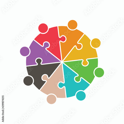 Abstract illustration of eight connected puzzle figures in a circular formation, ideal for flyers and advertisements, featuring ample copy space, perfect for teamwork, collaboration, and community