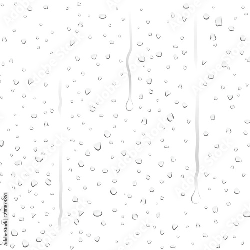 Realistic transparent water drops, droplets overlay on wet clear window glass surface with sprinkled dew water-drop rolling down rain drop texture effect