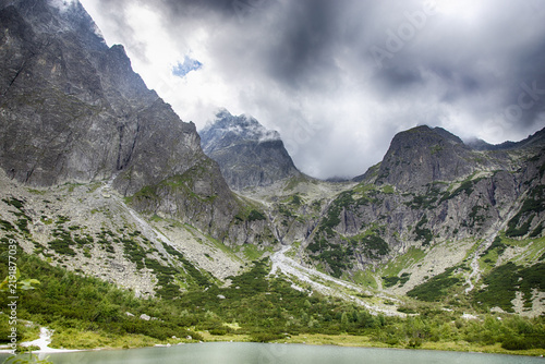 Türkisfarbener Bergsee vor majestätischer Felslandschaft und bewölkten Gipfeln