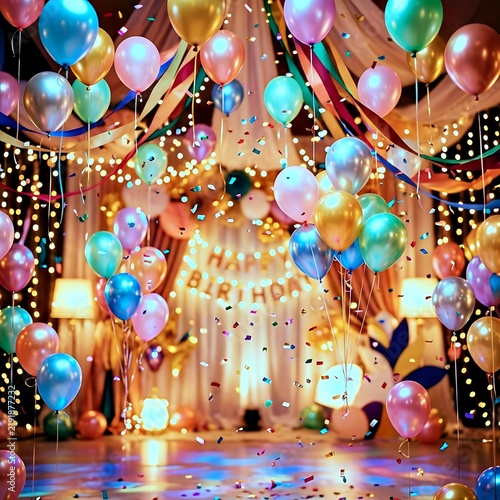 Golden lit birthday party backdrop with metallic balloons and confetti