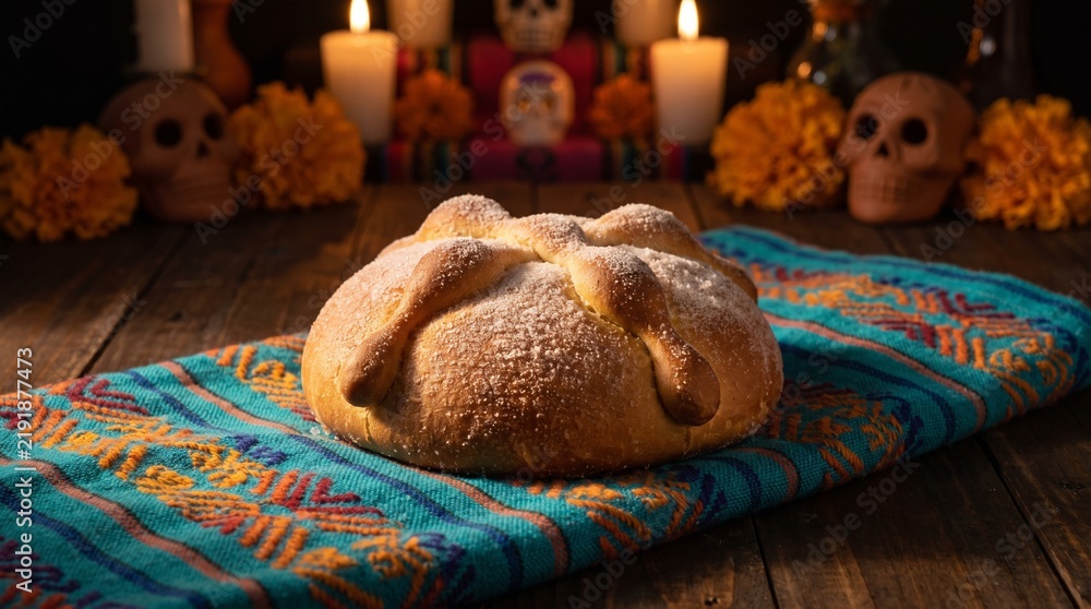 Obraz premium Pan de muerto on colorful Mexican textile with candlelit altar