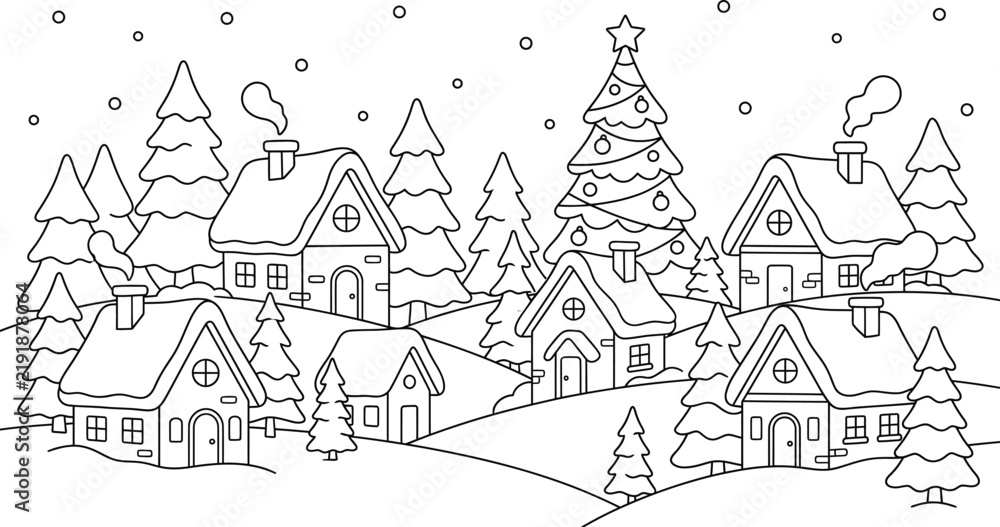Fototapeta premium Winter-Village Christmas Tree Coloring Page