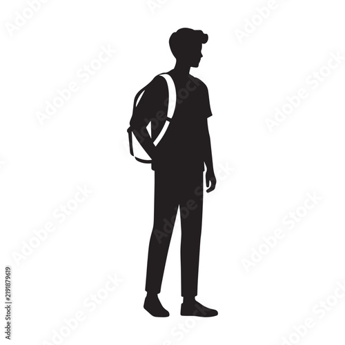 Young man standing with backpack school student silhouette vector line art illustration.