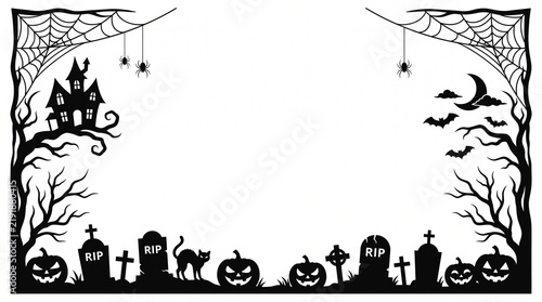 Halloween border frame with spooky silhouettes of pumpkins and a graveyard