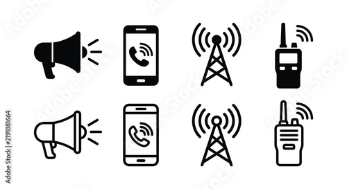 Communication icons featuring megaphone smartphone antenna and walkie talkie