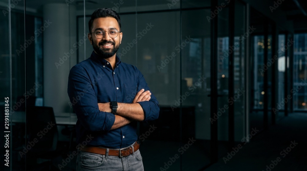 Fototapeta premium Confident Indian man with crossed arms smiling in a modern office at night, showcasing leadership and business success