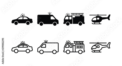 Emergency vehicle icons including police car ambulance fire truck and helicopter