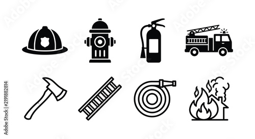 Firefighting equipment icons set black silhouettes on a white background