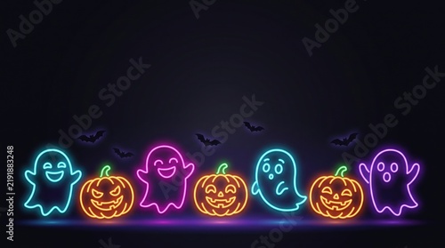 Neon Halloween illustration with glowing pumpkins, cute ghosts, bats, and dark background