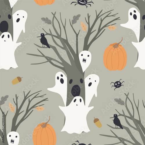 Halloween seamless pattern on grey background.  Horror vector print with ghost, skull, pumpkin, spiders