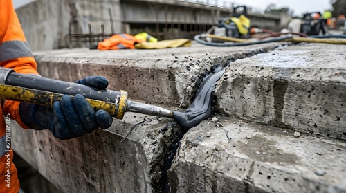 Construction worker applying sealant to a concrete bridge joint with a caulking gun