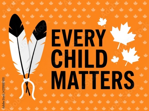 Orange shirt with feathers and maple leaves promoting Every Child Matters awareness