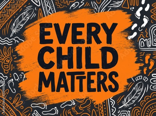 Orange shirt with bold text EVERY CHILD MATTERS surrounded by Indigenous art and symbols