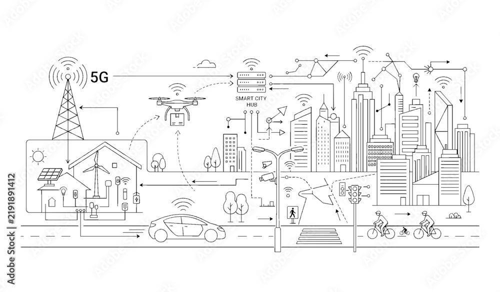 Fototapeta premium Smart City Infrastructure with 5G Network Internet of Things and Autonomous Transportation Line Art Vector Illustration