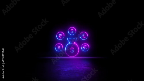 Neon glowing currency symbol. Dollar euro yen yuan pound rupee sign video animation. Neon glowing Global currency symbols animation. Neon lighting Currency symbol dollar euro pound yen rupee.