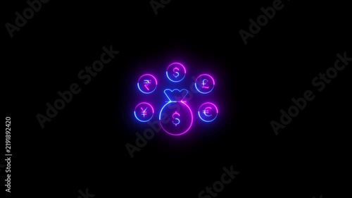 Neon glowing currency symbol. Dollar euro yen yuan pound rupee sign video animation. Neon glowing Global currency symbols animation. Neon lighting Currency symbol dollar euro pound yen rupee.