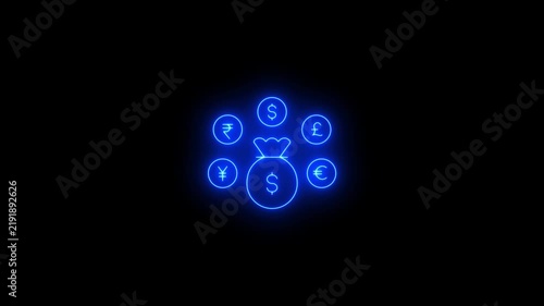 Neon glowing currency symbol. Dollar euro yen yuan pound rupee sign video animation. Neon glowing Global currency symbols animation. Neon lighting Currency symbol dollar euro pound yen rupee.