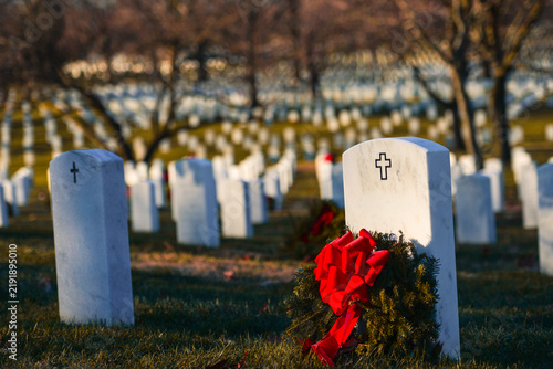 Headstones and ceremonial wreaths in Arlington National Cemetery - Circa Washington, D.C. United States of America