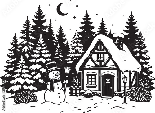 Snowman standing outside snow covered cabin and pine forest during starry night for winter holidays.