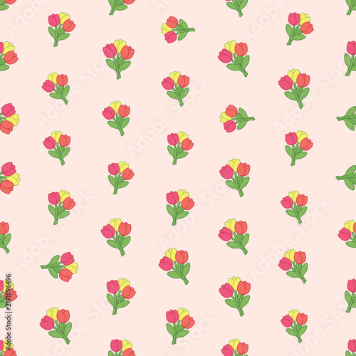 Seamless Pattern of Colorful Tulip Bouquets on Pink Background