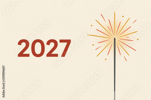 Minimalist 2027 New Year celebration background, burning sparkler with golden sparks, festive holiday greeting card with elegant typography