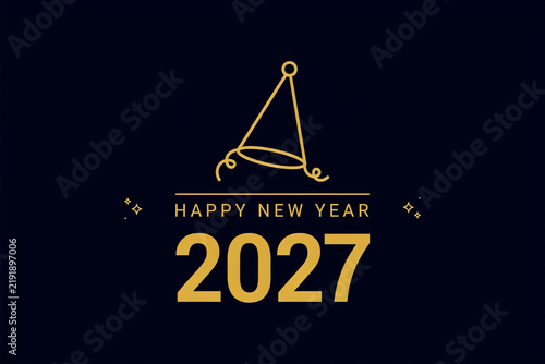 Happy New Year 2027 elegant gold typography, festive party hat line art on dark background, luxury holiday greeting card design