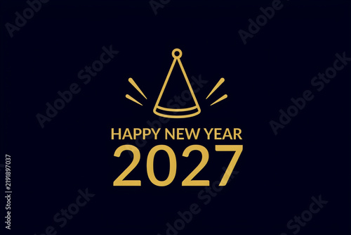 Happy New Year 2027 elegant gold typography, festive party hat icon on dark background, luxury holiday celebration greeting card design