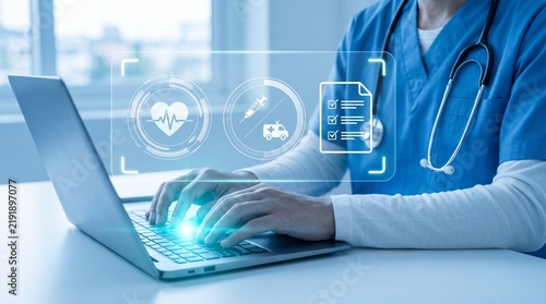 Doctors working on laptops with digital medical interface, health information system, telemedicine, electronic health records, medical technology, and modern healthcare innovation 
