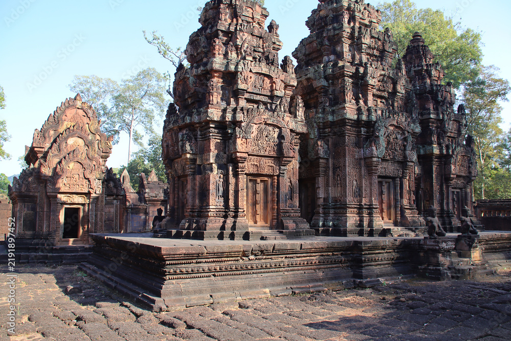 Obraz premium in a ruined buddhist and hindu khmer temple (banteay srei) in angkor in siem reap in cambodia 