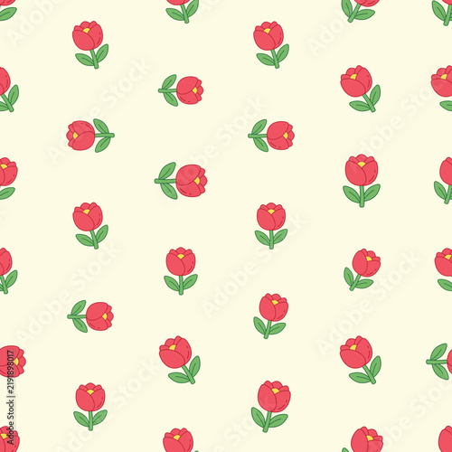 Red Tulip Flower Seamless Pattern, Cute Cartoon Floral Background Vector Illustration