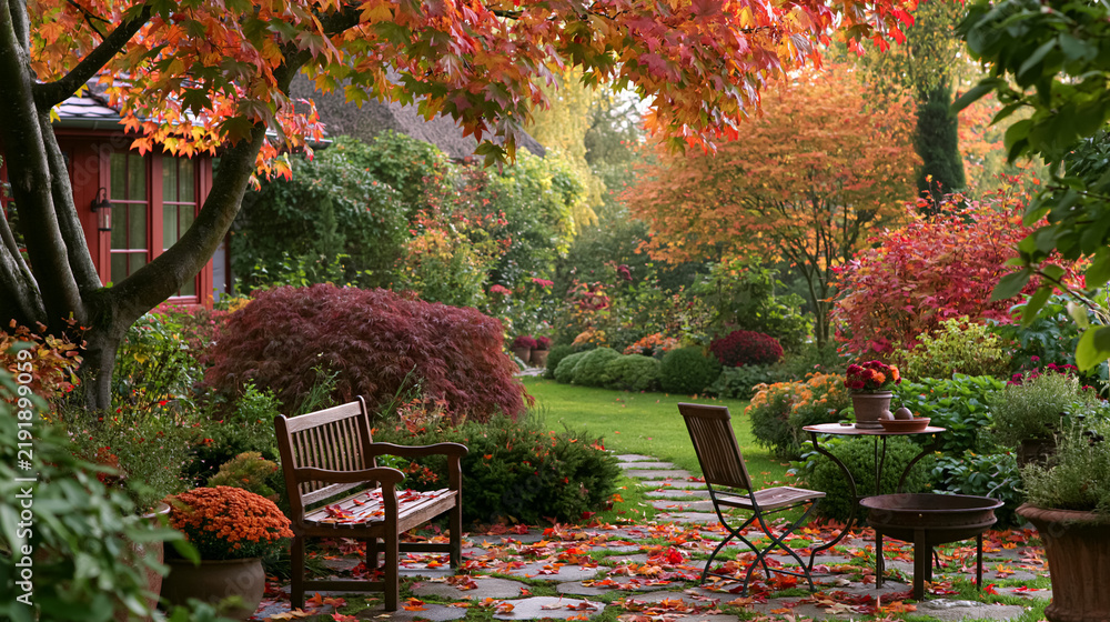 Obraz premium Autumn garden with colorful foliage creating a peaceful landscape, a wooden bench and patio table inviting relaxation