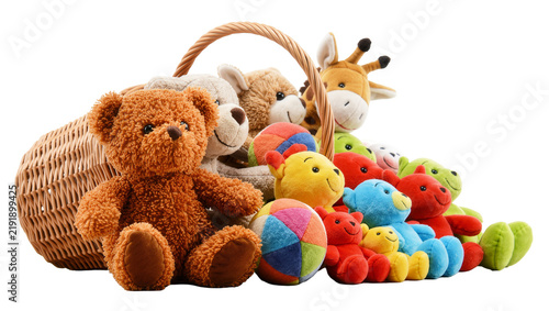Fotografía Plush stuffed animals overflowing from a wicker basket, isolated on transparent