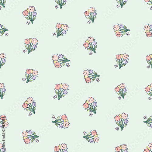 Cute Kawaii Tulip Bouquet Seamless Pattern on Mint Background